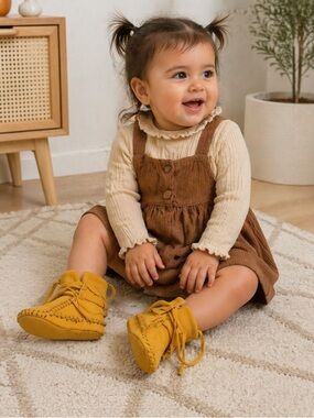 Leather Baby Moccasin Booties Toddler Size 7 Mustard Yellow Soft Sole